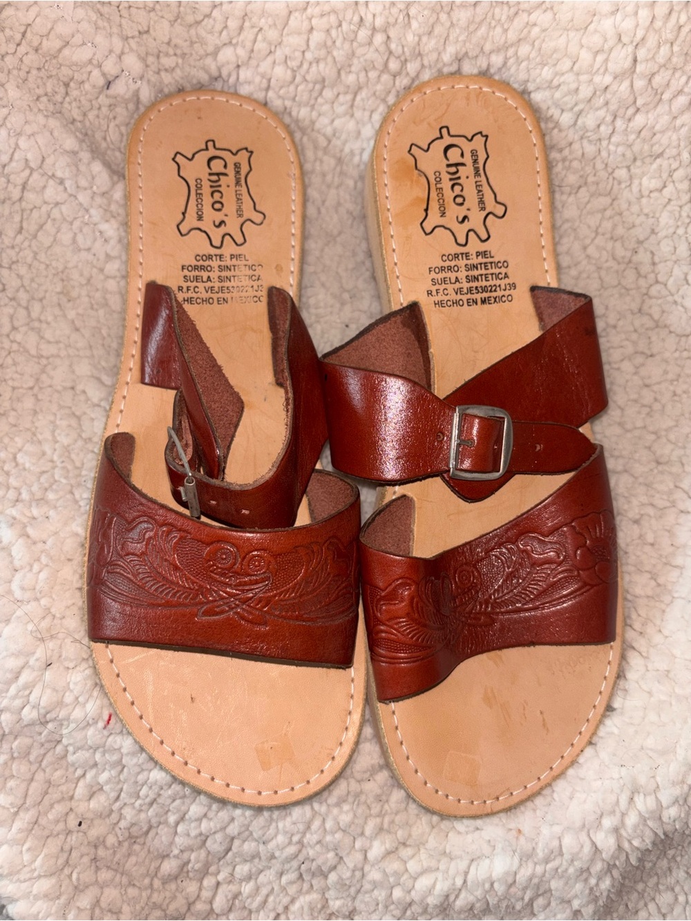 Chico’s Genuine Leather Embossed Sandals Brown Made in Mexico US Size 10